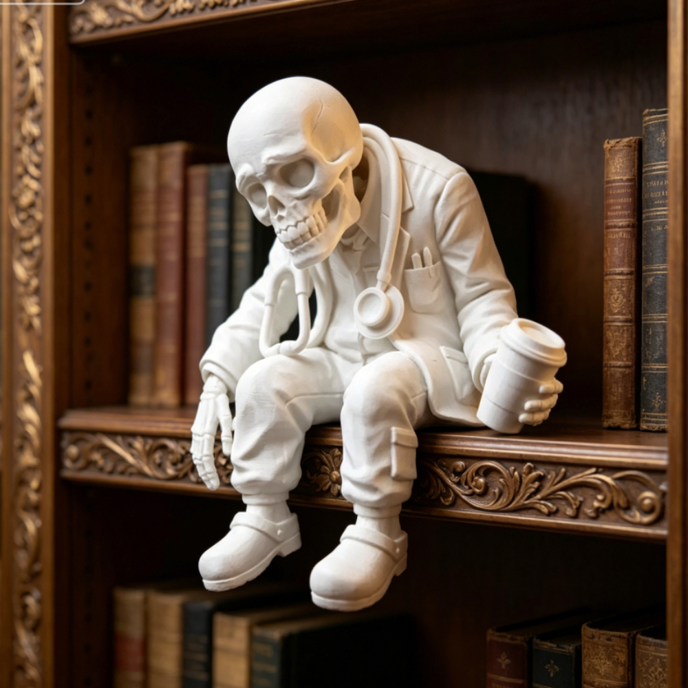 Desk Setup Retro - Funny Tired Medical Worker Statue Skeleton