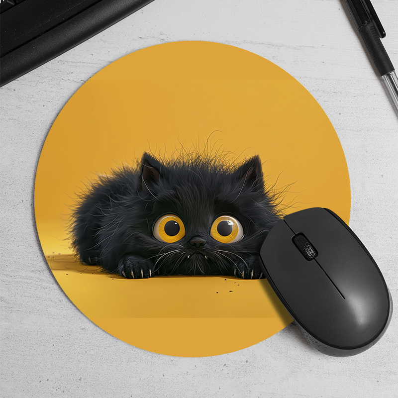 Desk Setup Rug - Cute Black Cat Round Mouse Pad
