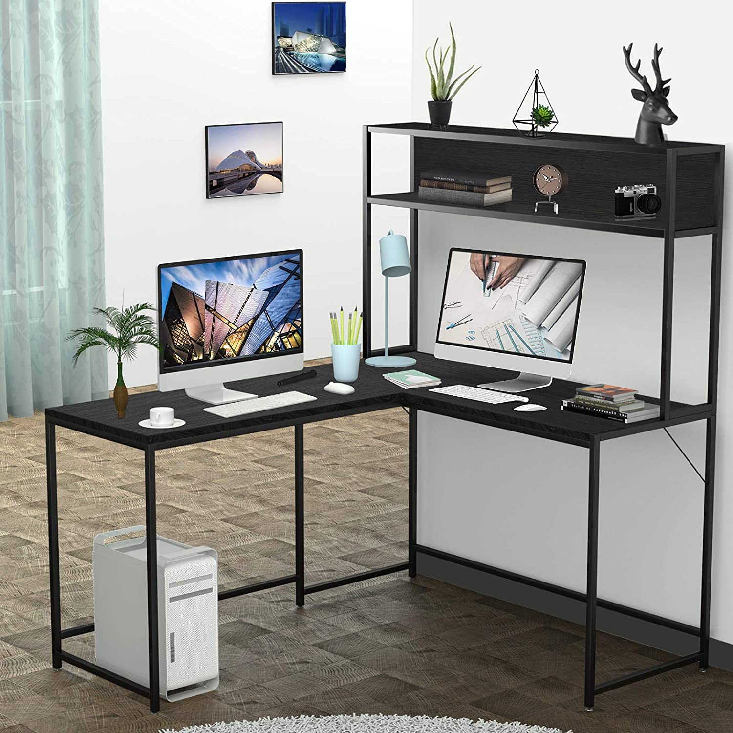 55 Inch Black L-Shape Corner W - đánh giá và giá Desk Setup Dual Monitor