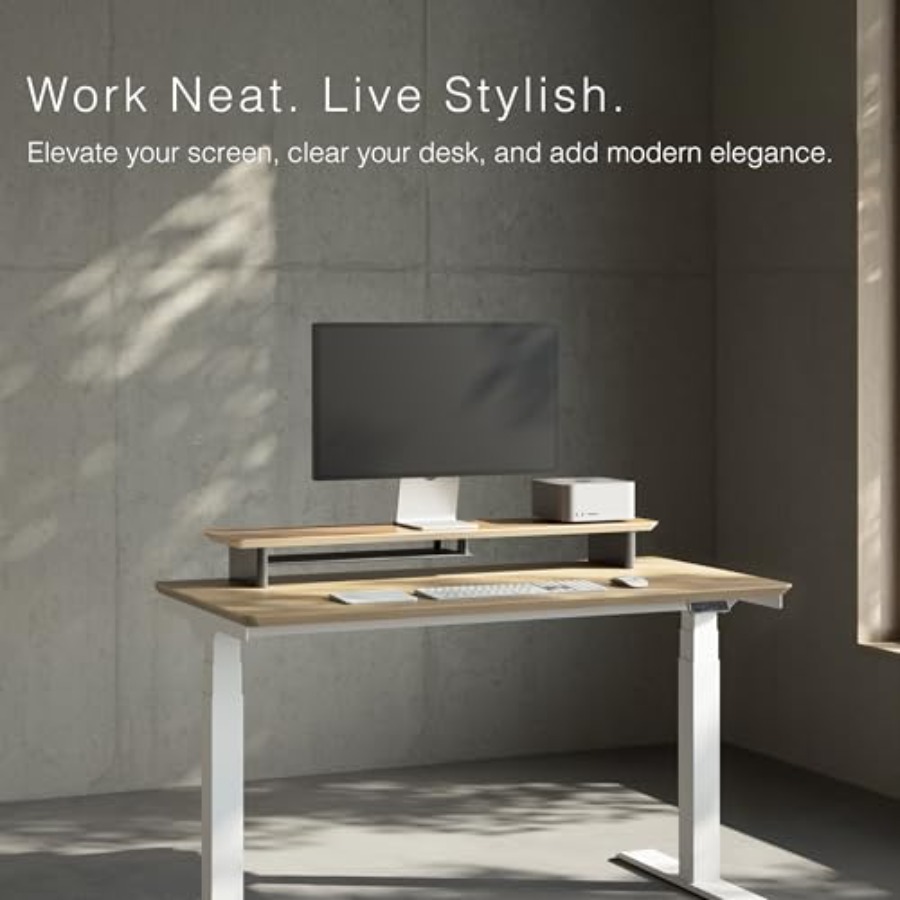 White Oak Dual-Tier Ergonomic  - đánh giá và giá Desk Setup Dual Monitor